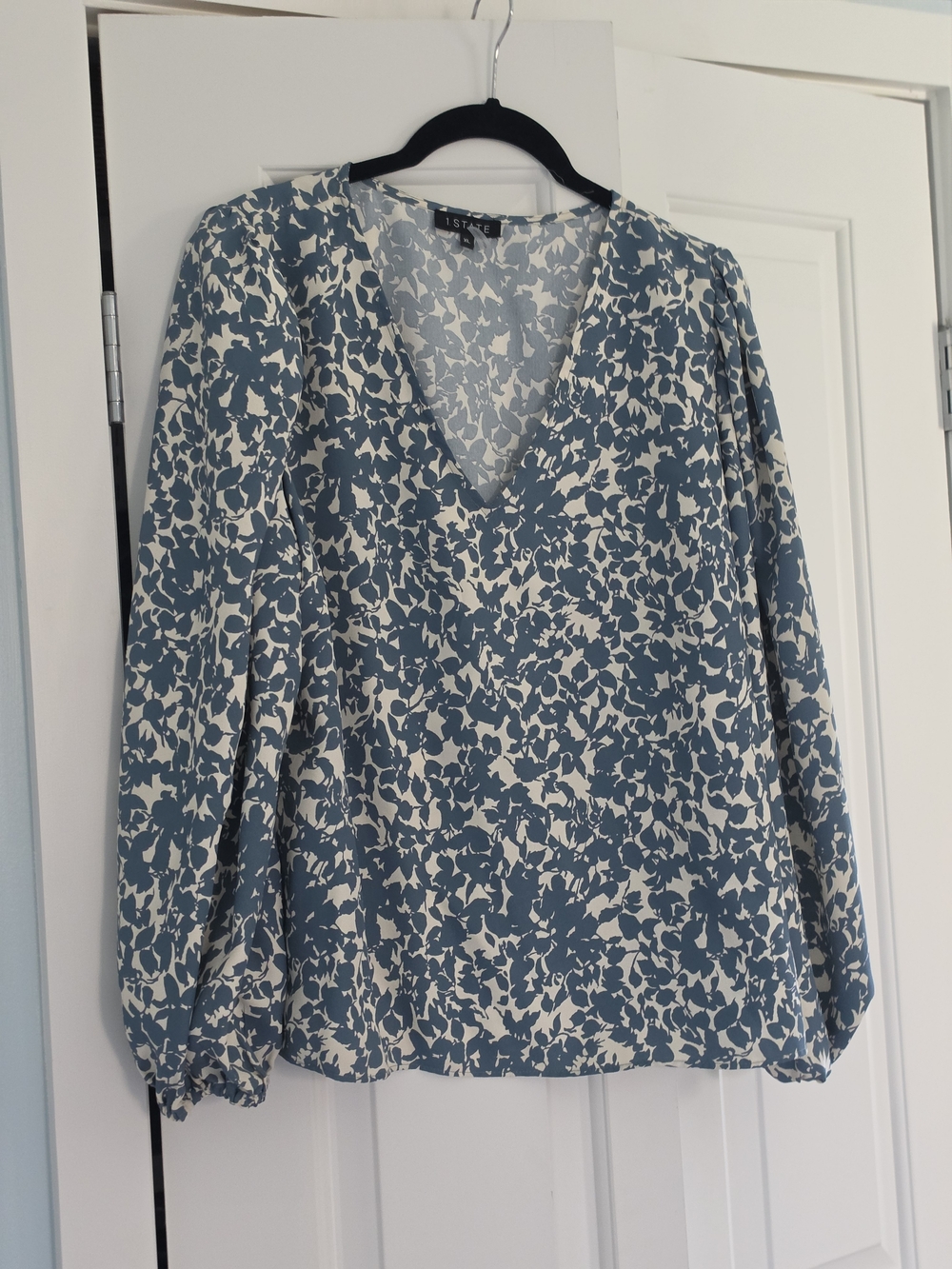 1. State Blue and White Floral V-Neck Blouse